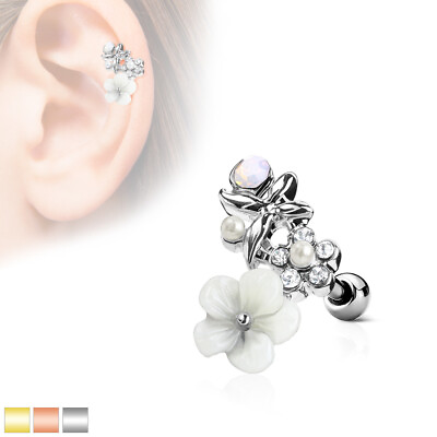 #ad CZ amp; Flower Gold IP Surgical Steel Helix Tragus Cartilage Barbell Stud Earring $8.95