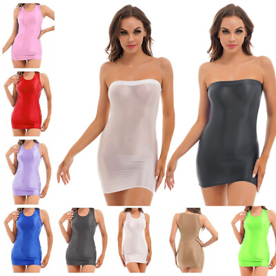 #ad US Women Shiny Glossy Dresses Stretchy Body con Pencil Dresses Ice Silk Clubwear $8.36