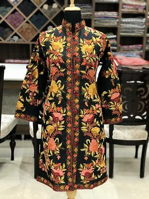 #ad Black Long Coat with Multi Colour Kashmiri Floral Embroidery $190.00