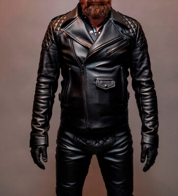 #ad Leather Jacket For Mens Black Cafe Racer Biker Cow Hide Men Jacket Motorcycle $155.00