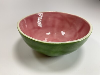 #ad Ceramic Pottery Clay Bowl Handpainted Glazed Pink Green Watermelon Decor $12.00