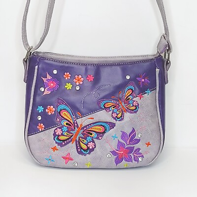 #ad Zelris Butterfly Embroidered Crossbody Bag Purple Purse Adjustable Strap $24.99