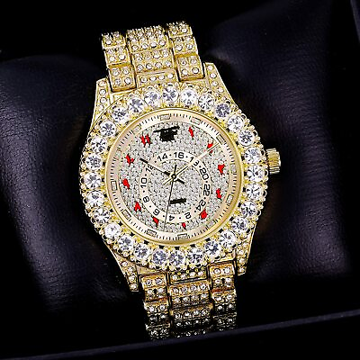 #ad Men Iced Watch GOLD Bling Rapper Simulate Diamond Arabic Dial Hip Luxury Style $26.98