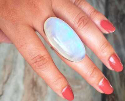 #ad Rainbow Moonstone Ring 925 Sterling Silver Handmade Big Stone Ring All Size MB28 $13.11