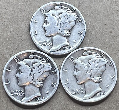 #ad Mercury Dime 1942 PDS 10¢ 90% Silver US Silver Coins 3 Mercury Dimes $12.00