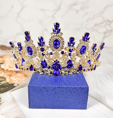 #ad Sapphire Blue Crown Queen Headband Gold Hair Jewelry Accessories Gift for Her $39.99