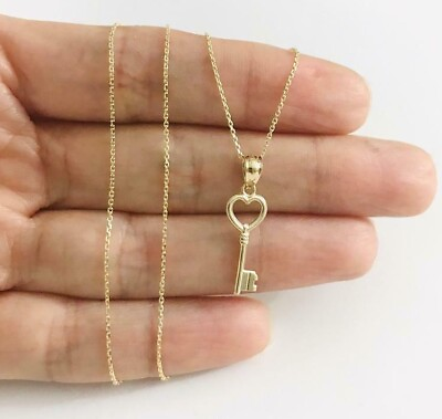 #ad 10K Solid Gold Heart Key Charm Pendant 10k Solid Gold Necklace YC1029 $54.99