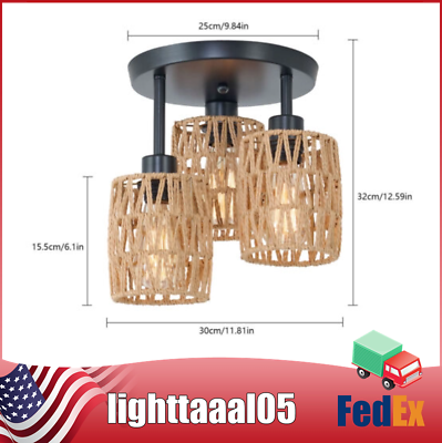 #ad 3 Light Semi Flush Mount Ceiling Light Farmhouse Rattan Pendant Lamp Fixture NEW $45.00