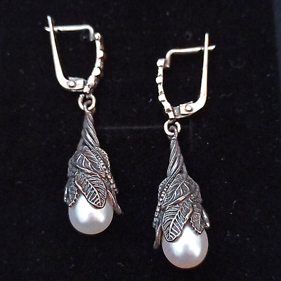#ad Earrings Pearls Silver Leaves Victorian Fairy Bride Israel Fine Artisan Gift Box $189.00