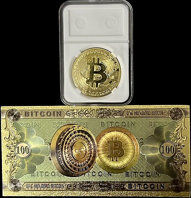 #ad 2 PCS BITCOIN Gold Plated Commemorative Collector Coin amp; Note Slab Included $12.00
