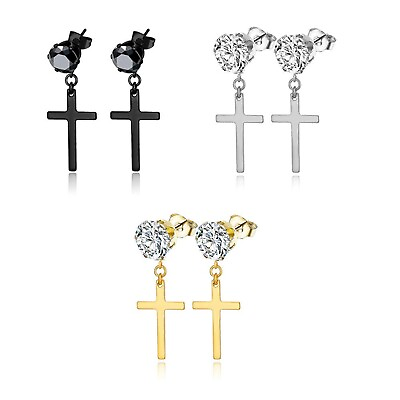 #ad Mens Womens Stainless Steel Cross Drop Dangle Earrings CZ Ear Stud Jewelry Gift $8.54