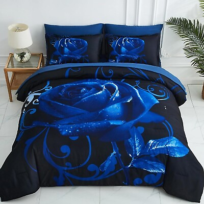#ad Blue Comforter Set King 7 Piece Bed in a Bag Blue Rose Comforter with Sheet $85.99