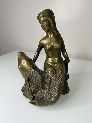 #ad Vintage Chinese Mermaid On Koi Fish Statue Sculpture Copper Bronze Display Old $99.99