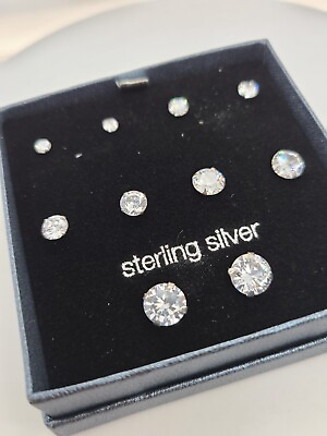 #ad Set of 5 Pairs CZ Cubic Zirconia Sterling Silver Stud Earrings $18.98