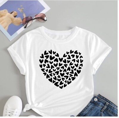 #ad Funky Pink Heart Print Short Sleeve White With Black Heart Medium Comfy $9.99