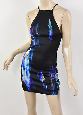 #ad BEBE Black Watercolor Abstract Print Stretch Scuba High Neck Mini Dress XXS 2XS $19.99
