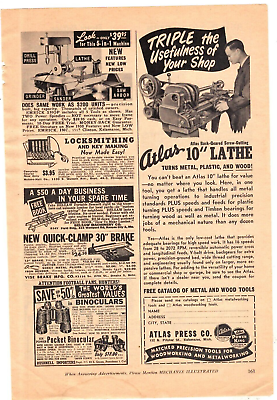 #ad 1950 Print Ad Atlas Press 10quot; Lathe Turns Metal Plastic Wood Triple the Useful $11.99
