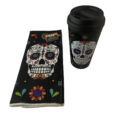 #ad DAY OF THE DEAD SUGAR SKULL Double Wall Tumbler amp; Towel Set Halloween $11.99