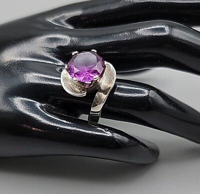 #ad 60s Taxco Sterling Silver Purple Sapphire Tulip Style Ring Sz 8 11.5mm Stone $255.00