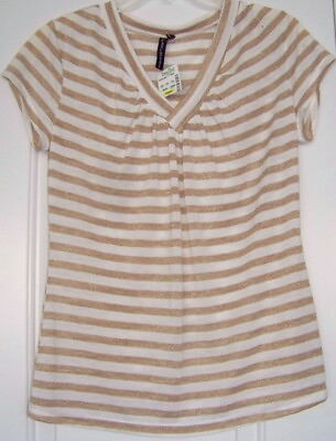 #ad Cha Cha Vente Striped Womens Top Blouse Gold White Small OR Medium ChaCha NEW $21.99