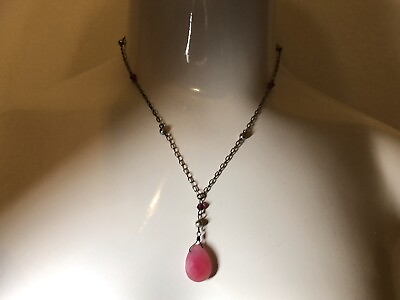 #ad Sterling Silver Teardrop Necklace Pink Rose Quartz Stone amp; Silver Beads $23.00