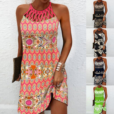 #ad Ladies Summer Beach Boho Dresses Holiday Hollow Halter Neck Mini Dress Plus Size $16.29