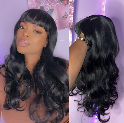 #ad Black Wig with Bangs Wavy Long Black Wigs for Women Synthetic Heat Resistant USA $15.80