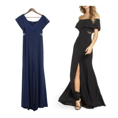 #ad Xscape Jersey Popover Off the Shoulder Cutout Gown Navy 8 $50.00