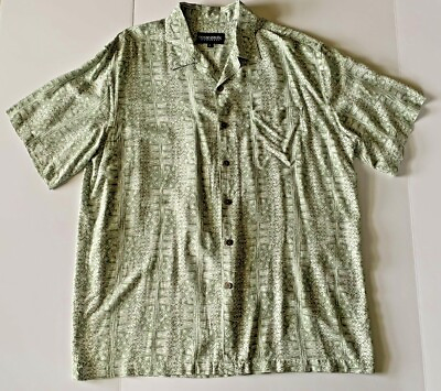 #ad Ocean Pacific Men L Green Rayon Short Sleeve Button Front White Hawaiian Shirt $24.99