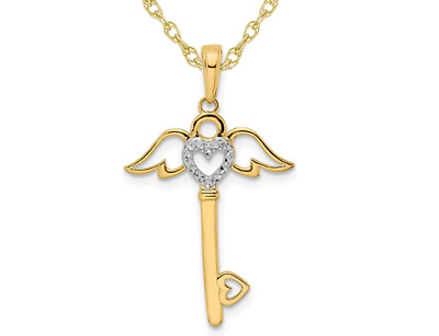 #ad 14K Yellow Gold Key Heart Angel Wings Charm Pendant Necklace with Chain $269.00