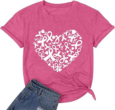 #ad Womens Breast Cancer Awareness T Shirts Cute Love Heart Ribbon Graphic Print Tee $35.69
