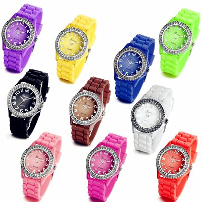 #ad Casual Rhinestone Jelly Gel Silicone Band Quartz Analog Wrist Watch Women Girls $11.39