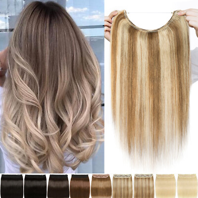 #ad Invisible Wire 100% Remy Human Hair Extensions Straight One Piece Headband Thick $43.70