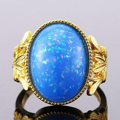 #ad Oval Blue Fire Opal Ring 18K Gold Leaf Rings Women Engagement Wedding Jewelry C $3.25