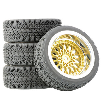 #ad 4Pcs 1:10 RC Tires amp; Gold Wheels Rims 12mm Hex For HSP HPI On Road Car Tyres $15.00