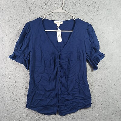 #ad SANDY amp; SID NEW YORK DARK BLUE BUTTON UP SHORT SLEEVE BLOUSE WOMEN#x27;S SIZE SMALL $16.99