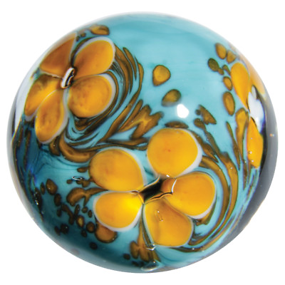 #ad 22mm COSMOS Orange Turquoise Blue flower Handmade art glass Marble 7 8quot; SHOOTER $9.95