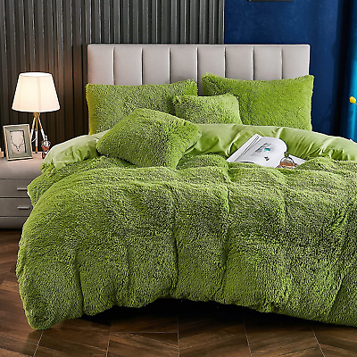 #ad King Size Duvet Cover Set Plush Faux Fur Bedding Ultra Soft Shaggy Green $88.10