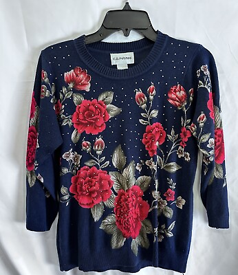 #ad Cathy Daniels Petites Blue With Red Floral Design Rhinestones $15.00