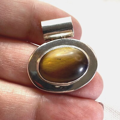 #ad Sterling Silver 925 Tiger#x27;s Eye Cabochon Slide pendant w 5MM Round Bail $38.00