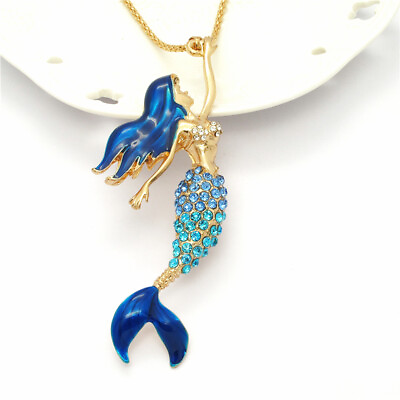#ad New Fashion Women Gorgeous Mix Crystal Blue Enamel Mermaid Pendant Necklace $3.95