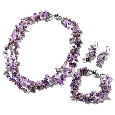 #ad Gorgeous Earrings Set Amethyst Crystal Seed Beaded Bracelet Necklace 8quot; 20quot; $21.15