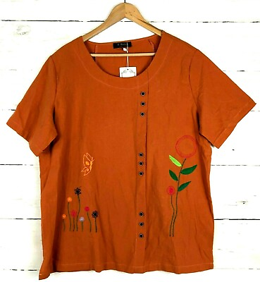 #ad NWT E Retro Size XL Floral Butterfly Embroidered Orange Top Buttons Shirt U38 $14.00