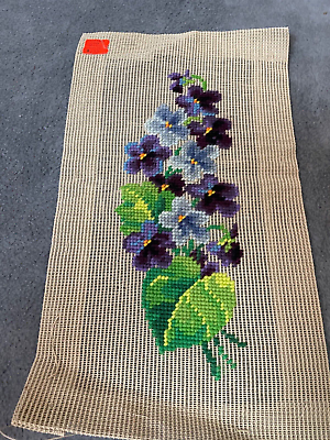 #ad VTG Needlepoint Started Violets Beautiful Violets 8 X 13 Unfinished $28.87