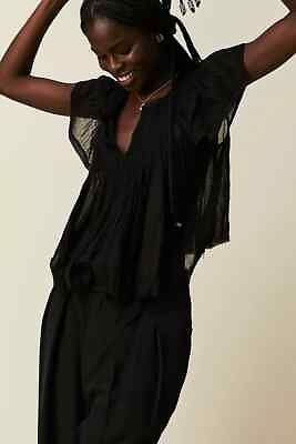 #ad Free People FP One Padma Top Black V Neck Flutter Sleeve Blouse Large L NEW $53.37