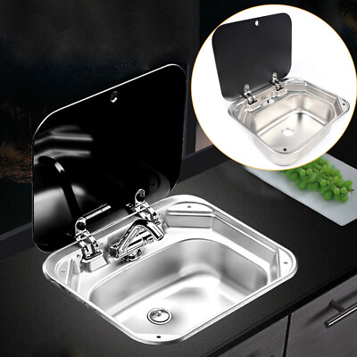 #ad RV Camper Caravan Trailer Sink Stainless Hand Wash Basin W Glass Lid Faucet $141.55