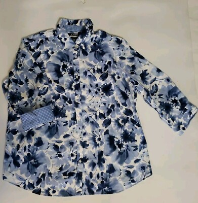 #ad Chaps Women#x27;s Shirt Plus 1X Blue Floral No Iron 100% Cotton 3 4 Sleeve Flip Cuff $16.00