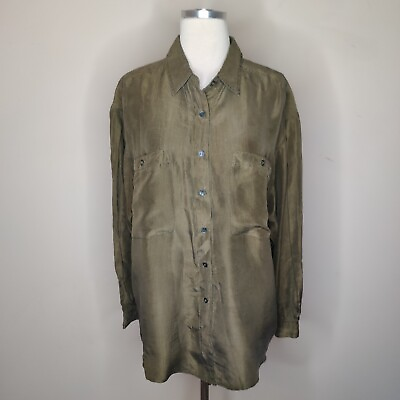 #ad Vintage Express Silk Shirt Size Large Women#x27;s Button Up Blouse Classic 90s Olive $10.00