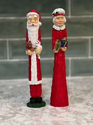 #ad Vintage 10quot; Carved Look Resin Pencil Santa and Mrs. Claus Figurines World Bazaar $20.99