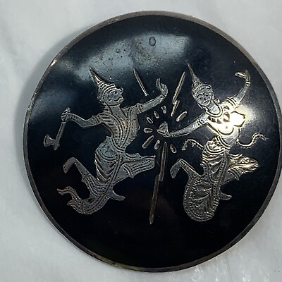 #ad Vintage Sterling Silver Siam Niello Pin Brooch Mekhala Ramasoon Round $21.95
